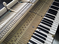 Tim Hendy Pianos workshop: detail of keyboard, frame and action with downweight